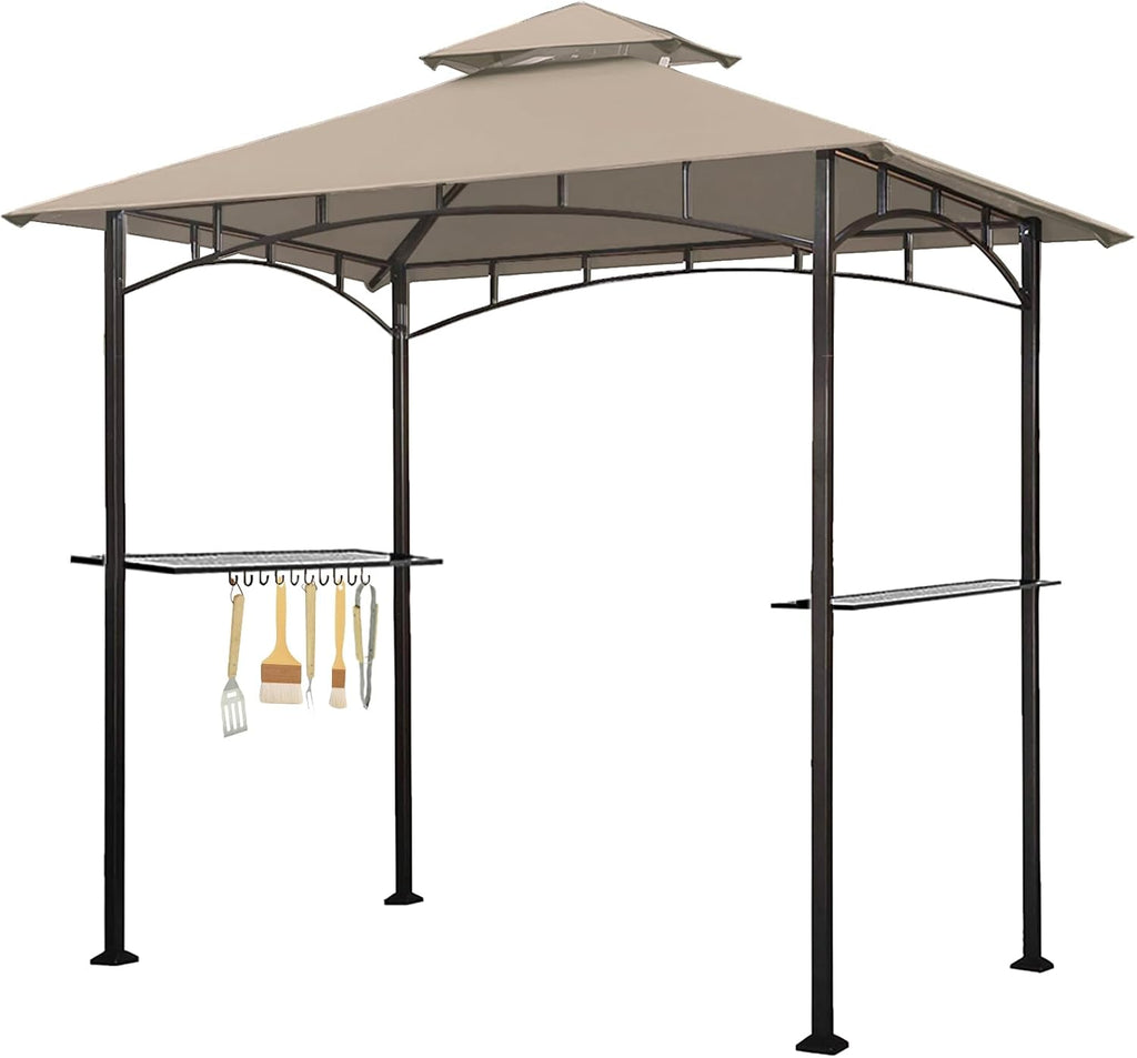 Eurmax USA 5x8 Grill Gazebo Shelter for Patio and Outdoor Backyard BBQ's, Double Tier Soft Top Canopy and Steel Frame with Bar Counters, Bonus LED Light X2(Beige)