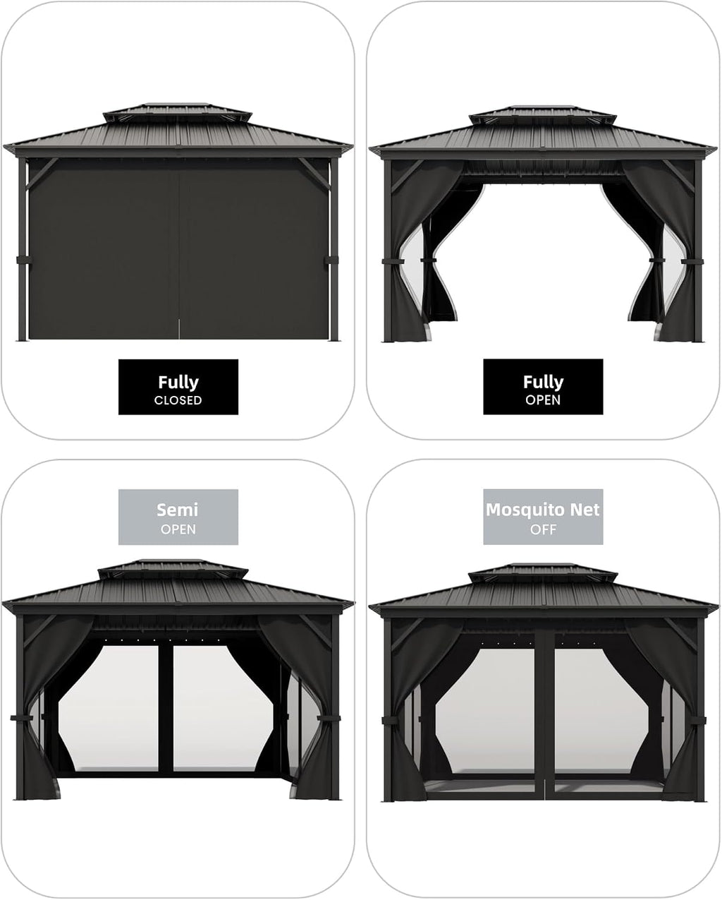GAOMON Hardtop Gazebo 10'x12' for All Weather, with Double Metal Roof, Aluminum Alloy Frame, Net, and Curtain, Permanent Building of Backyard Luxury for Patio, Deck, Backyard, Lawn, and Garden, Gray