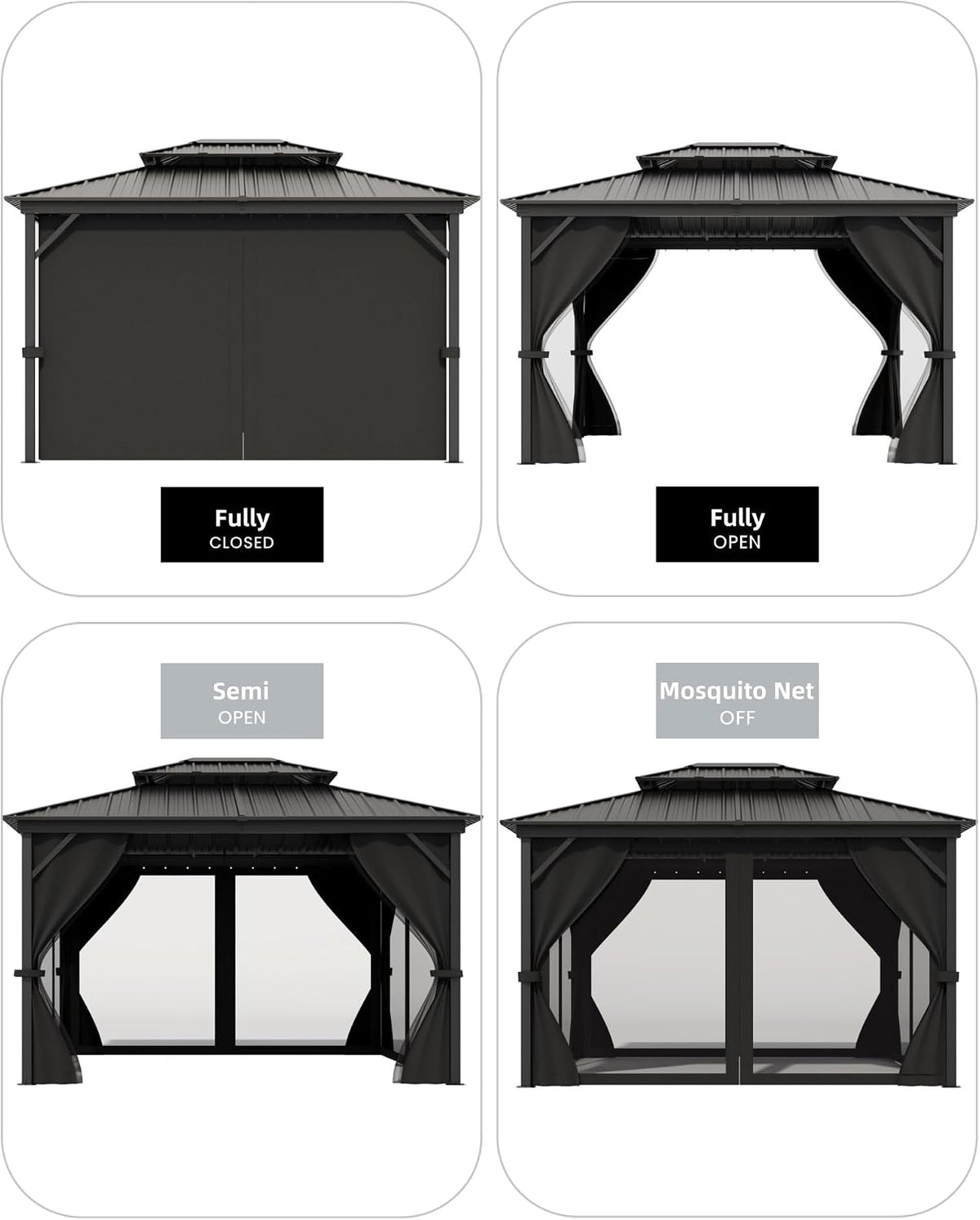 GAOMON Hardtop Gazebo 10'x12' for All Weather, with Double Metal Roof, Aluminum Alloy Frame, Net, and Curtain, Permanent Building of Backyard Luxury for Patio, Deck, Backyard, Lawn, and Garden, Gray