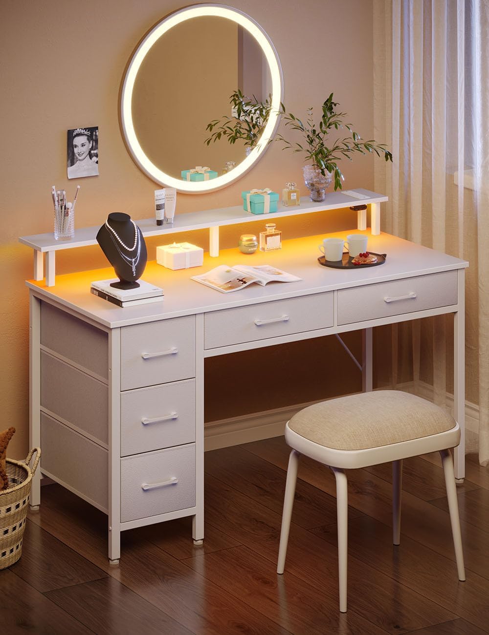 Seventable Computer Desk with Power Outlets & LED Light, 47 inch Home Office Desk with 5 Drawers, Writing Desk with Monitor Stand, Work Desk for Home Office, White