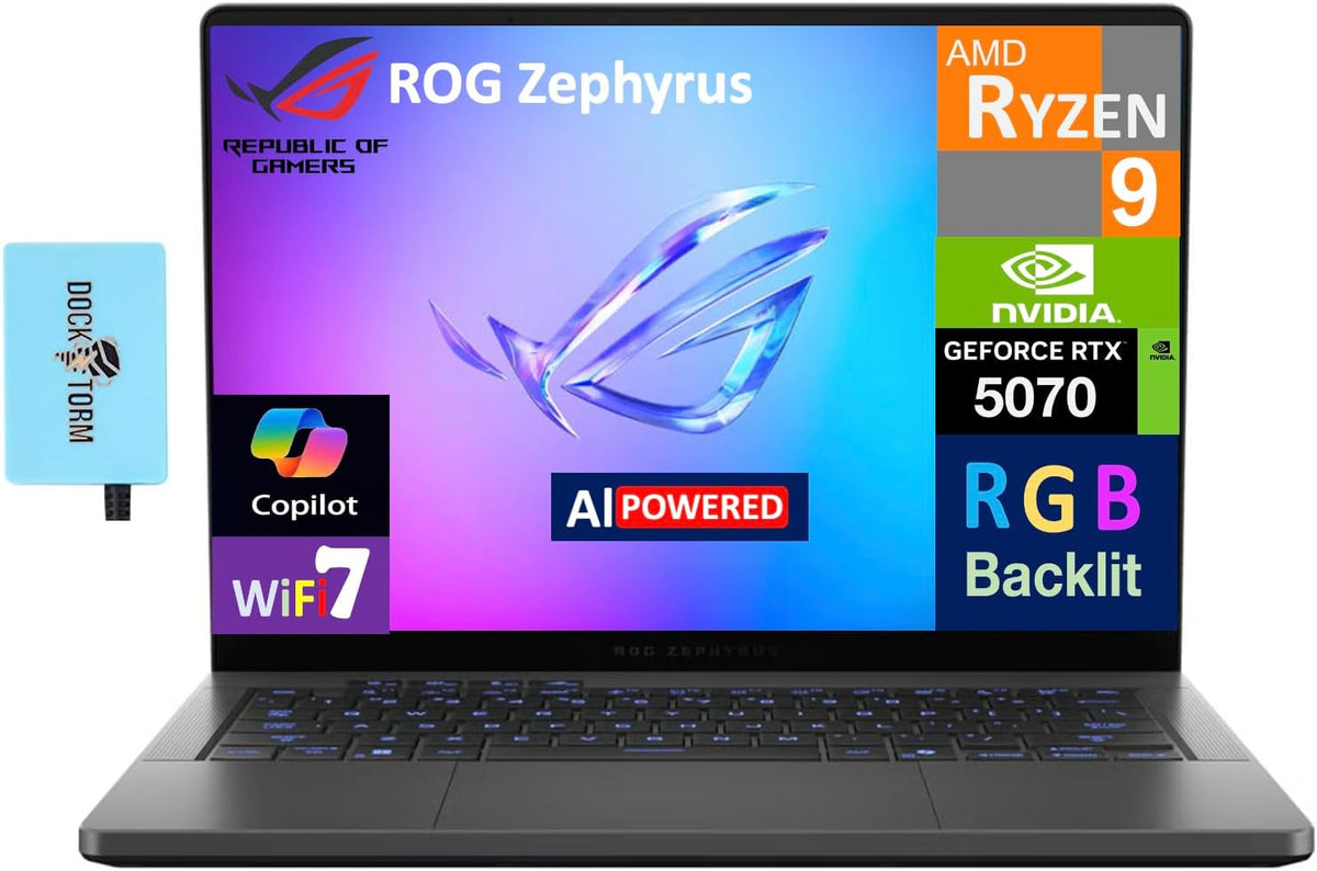 ASUS ROG Zephyrus G14 AI Gaming Laptop 14.0' 120Hz Display (AMD Ryzen 9 270, GeForce RTX 5070 8GB, 32GB LPDDR5X, 1TB PCIe SSD, RGB Keyboard, WiFi 7, Webcam, Win 11 Pro) w/DKZ USB Port Expander