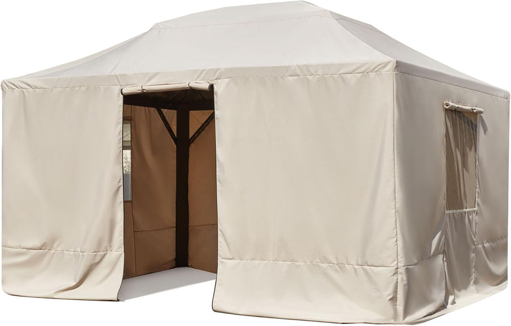 EROMMY Gazebo Cover for 12x14 Gazebos, Outdoor Winter Cover with Sidewalls and Mesh Windows, Convert into Storage Space, Beige