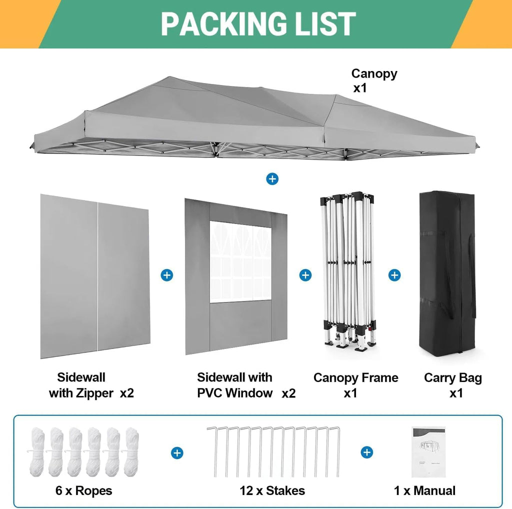 COBIZI 10x20 Pop Up Canopy Tent with 6 Sidewalls Easy Pop Up Tent 10x20 Waterproof Commercial Instant Shelter UPF 50+ Portable Gazebo Wedding Tents for Parties Carport Vender Events, Gray