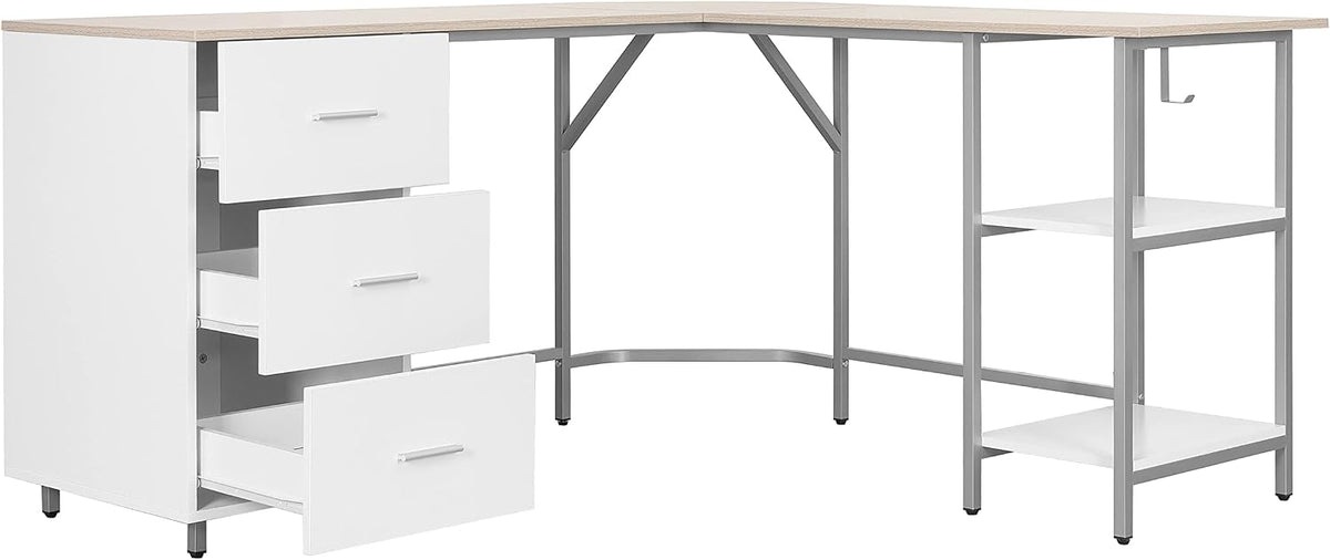 Techni Mobili L Shaped Desk - Two-Toned Computer Desk with Drawers & Storage Shelves - Simple Modern Furniture & Home Office Space Corner Table for Work & Writing