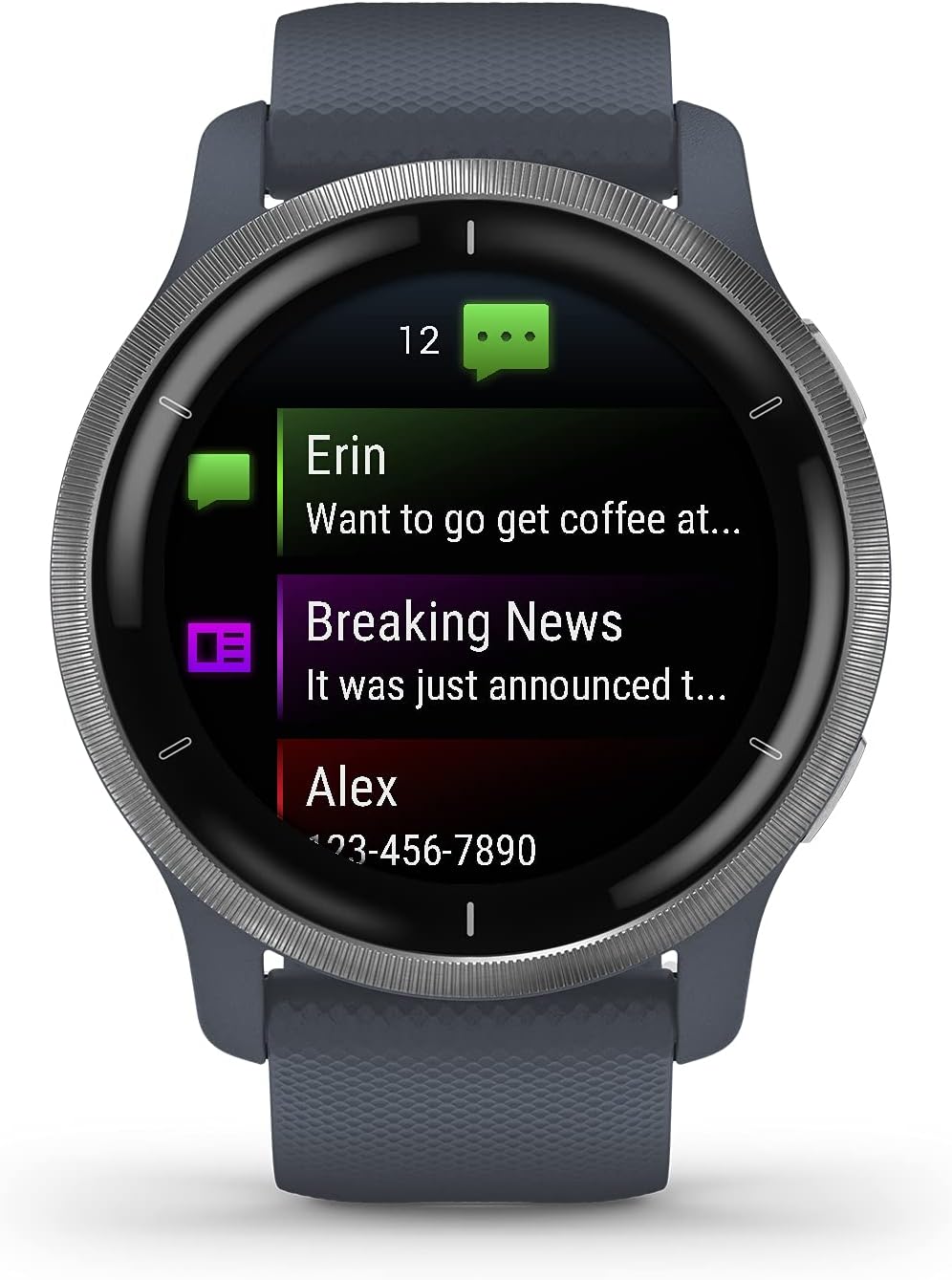 Garmin Venu 2, GPS Smartwatch with Advanced Health Monitoring and Fitness Features, Silver Bezel with GraniteBlue Case and Silicone Band (Renewed)