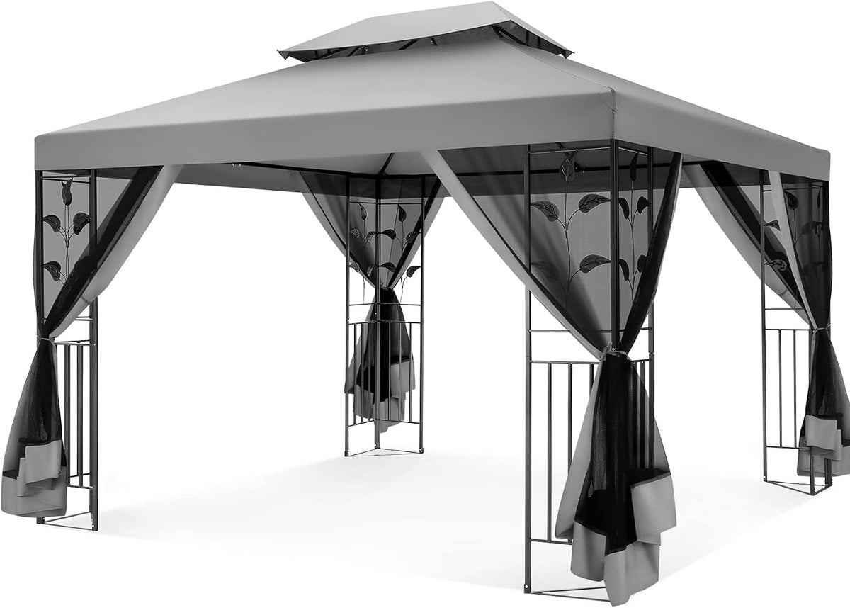 COBIZI Gazebo 10x13 Heavy Duty Gazebo with Improved Nettings Outdoor Double Roof Patio with Metal Steel Frame Outdoor Canopy Tent for Patio, Deck, Backyard (Gray, Nettings)