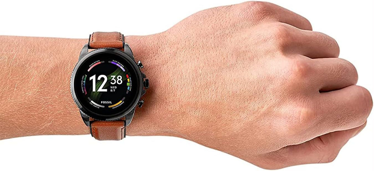 Fossil Men's Gen 6 44mm Stainless Steel and Leather Touchscreen Smart Watch, Color: Black, Brown (Model: FTW4062V)