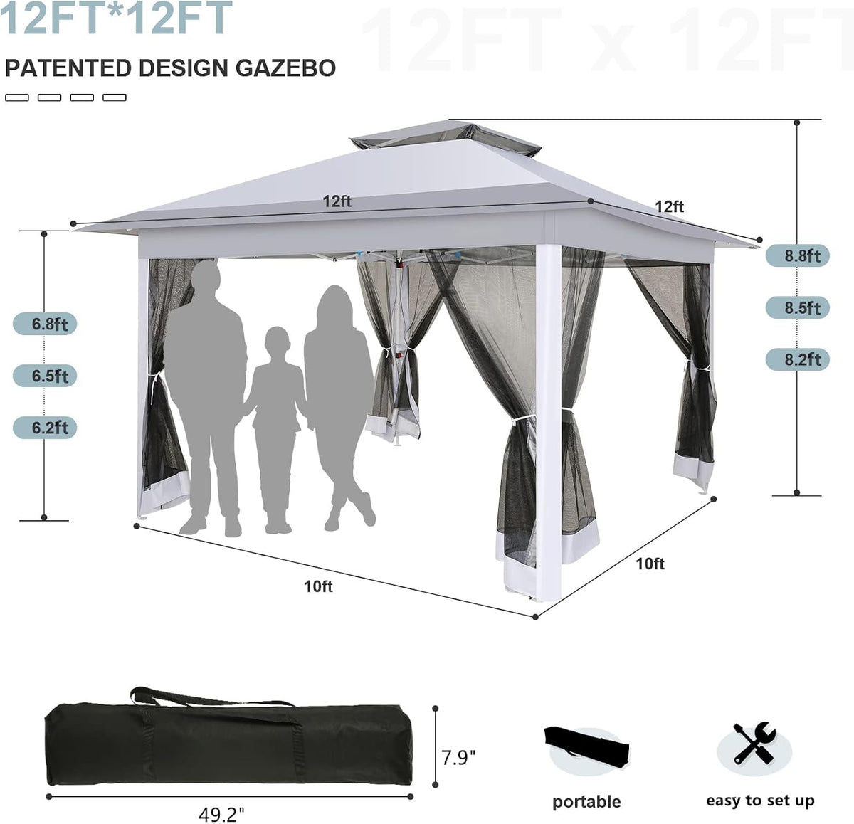 COBIZI 12x12 Pop up Gazebo On Clearance with Mosquito Netting,Waterproof Roof & Sandbags,Outdoor Canopy Tent with 4 Ropes,8 Stakes,Carrying Bag,Patio Portable Gazebo for Garden,Backyard,Lawn,Darkgrey