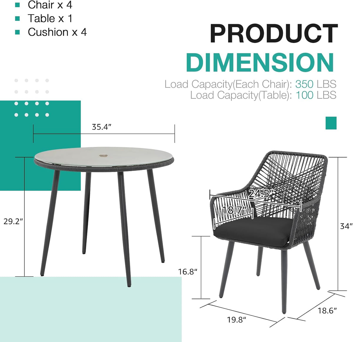 Patiorama 5-PC Patio Dining Set,Outdoor Dining Table Chair Set,All-Weather Twisted Rattan Wicker Rope Conversation Set,Patio Furniture Set w/Umbrella Hole,Cushioned Chairs&Table(Dark Grey&Cross Back)