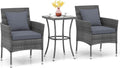 KOTEK 3 Pieces Patio Furniture Set, PE Rattan Outdoor Conversation Set with Tempered Glass Table & Soft Cushions, Wicker Bistro Set for Garden, Porch, Balcony (Grey)