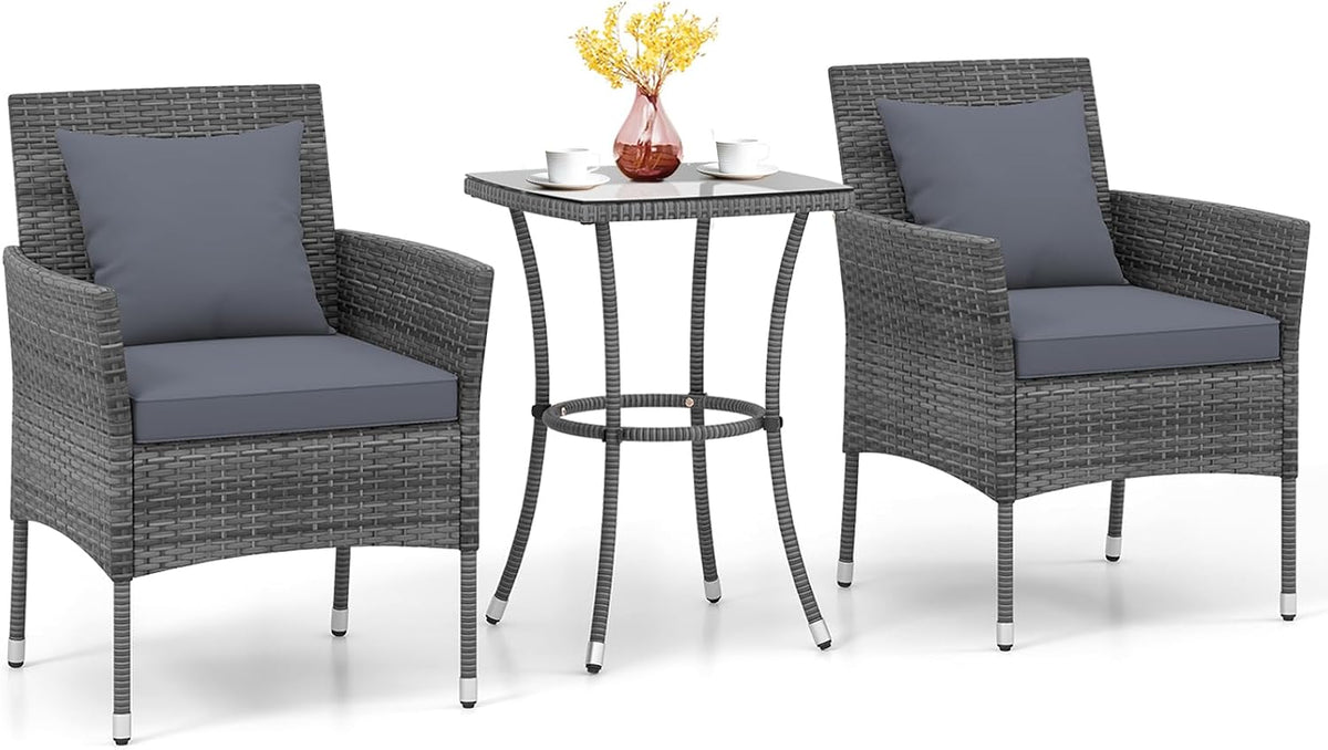 KOTEK 3 Pieces Patio Furniture Set, PE Rattan Outdoor Conversation Set with Tempered Glass Table & Soft Cushions, Wicker Bistro Set for Garden, Porch, Balcony (Grey)