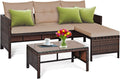 DORTALA Wicker Patio Furniture Set Couch 3 Piece, L-Shaped PE Rattan Outdoor Sectional Sofa Conversation Set with Loveseat, Lounge and Tempered Glass Coffee Table for Garden Lawn Deck, Brown