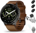 Garmin Venu 4 (45mm) Smartwatch – GPS, AMOLED, Sleep Coach, Body Battery, Slate w/Black Band and Brown Leather Band Bundle w/Deco Essentials Charging Dock, 3-Pack Dust Covers & 1.4' Screen Protector