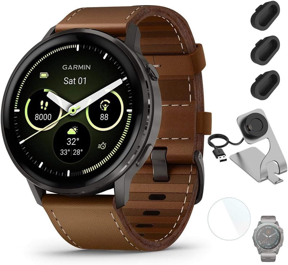 Garmin Venu 4 (45mm) Smartwatch – GPS, AMOLED, Sleep Coach, Body Battery, Slate w/Black Band and Brown Leather Band Bundle w/Deco Essentials Charging Dock, 3-Pack Dust Covers & 1.4' Screen Protector