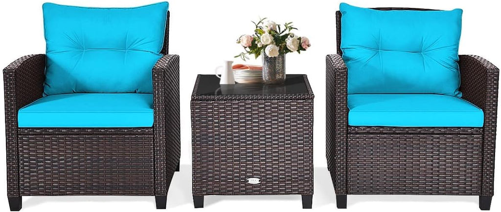 HAPPYGRILL 3 Pieces Patio Conversation Set, Outdoor Furniture Set PE Rattan Sofa Set with Removable Cushions, PE Wicker Chairs with Tempered Glass Side Table for Porch Lawn Garden Balcony Backyard