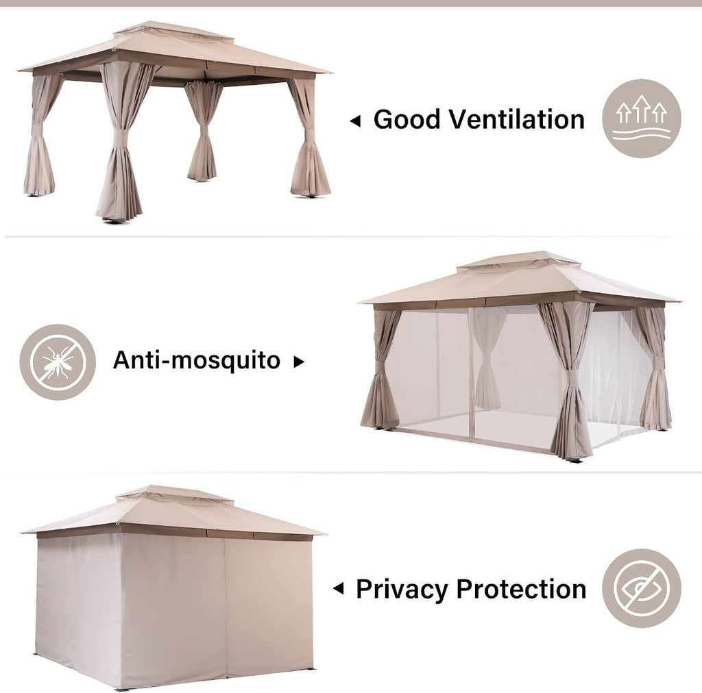 LAUSAINT HOME 10'x13' Outdoor Gazebo with 50FT String Lights, Metal Heavy Duty Patio Canopy Tent with Double Roofs, Mosquito Nettings and Privacy Screens for Backyard, Garden, Lawn, Khaki