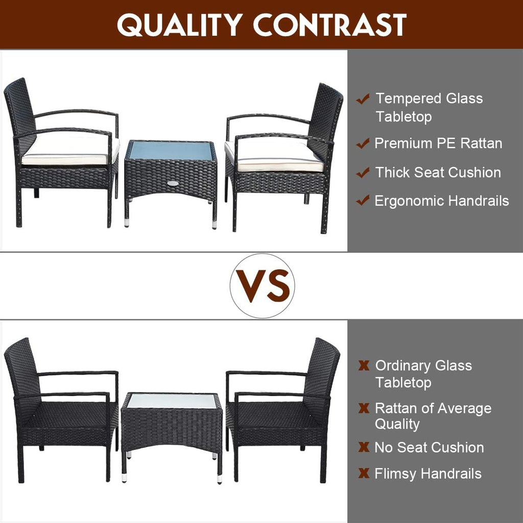 Tangkula 3 PCS Patio Wicker Rattan Furniture Set, Rattan Chair with Coffee Table, High Load Bearing Chair Conversation Sets for Patio Garden Lawn Backyard Pool (Black)