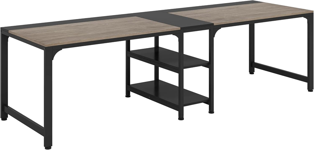 Tribesigns 90.55'' 2 Person Desk with Storage Shelves, Double Computer Desk with Spacious Desktop, Extra Long Study Writing Table Workstation for Home Office (Black & Gray)
