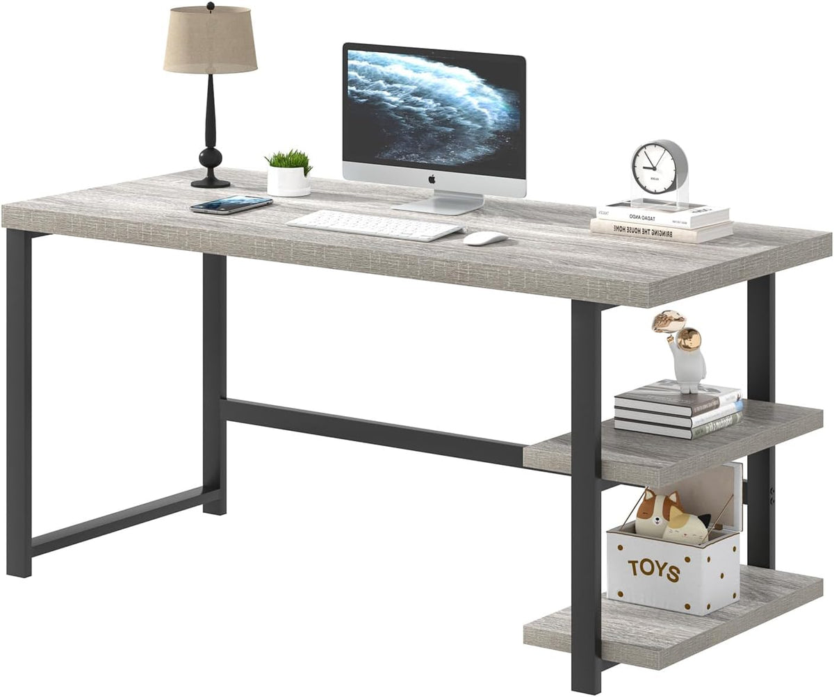 FOLUBAN Computer Desk, Modern Home Office Desk with Shelves, Wood Writing Study Gaming Table for Living Room Bedroom, Light Grey, 53 inch