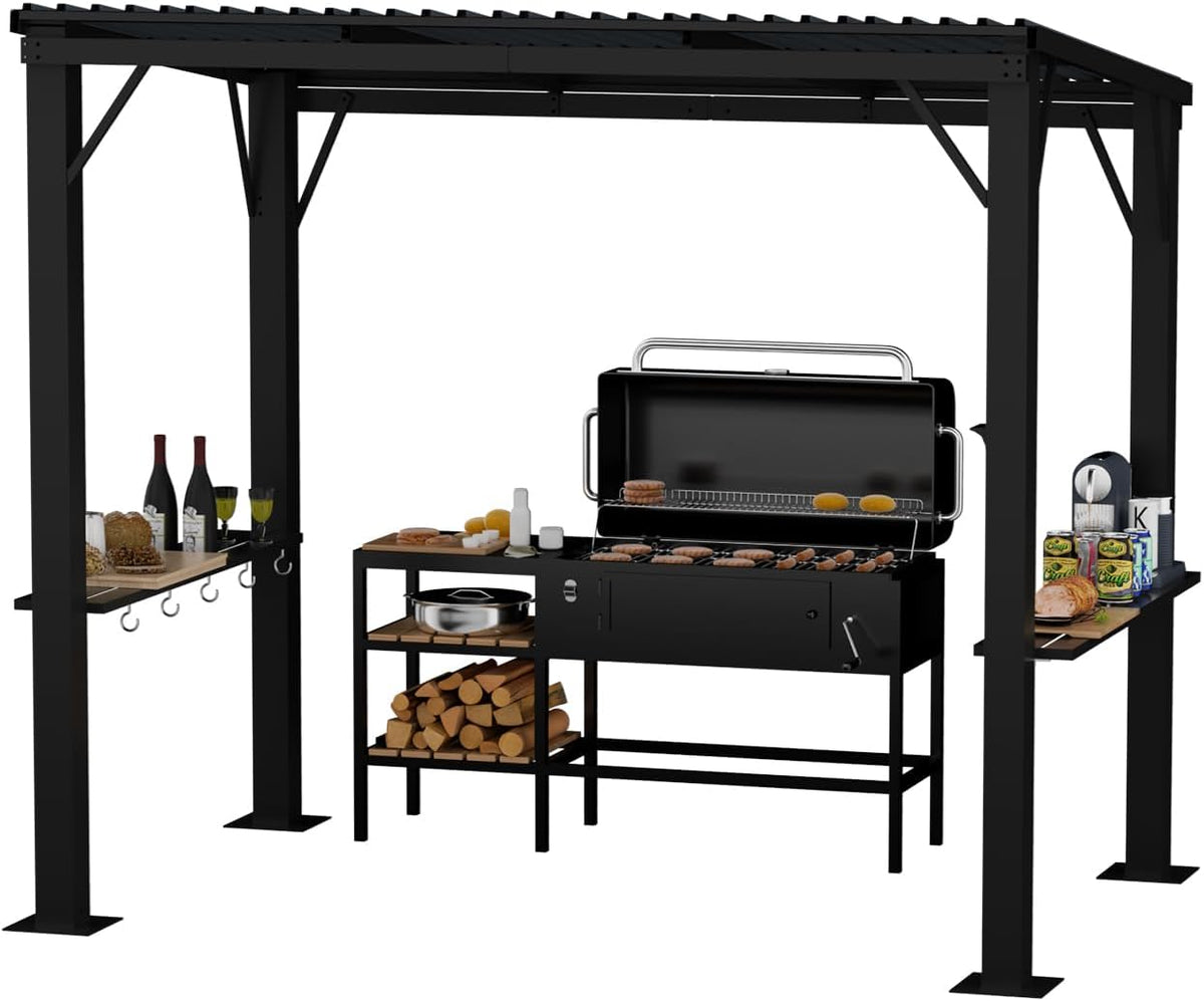 EBE 5'x8' Hardtop Grill Gazebo, Outdoor Gazebo with Side Shelves, BBQ Grill Canopy with Bottle Opener & Hooks, Metal Gazebo Pergola for Patio, Backyard, Deck