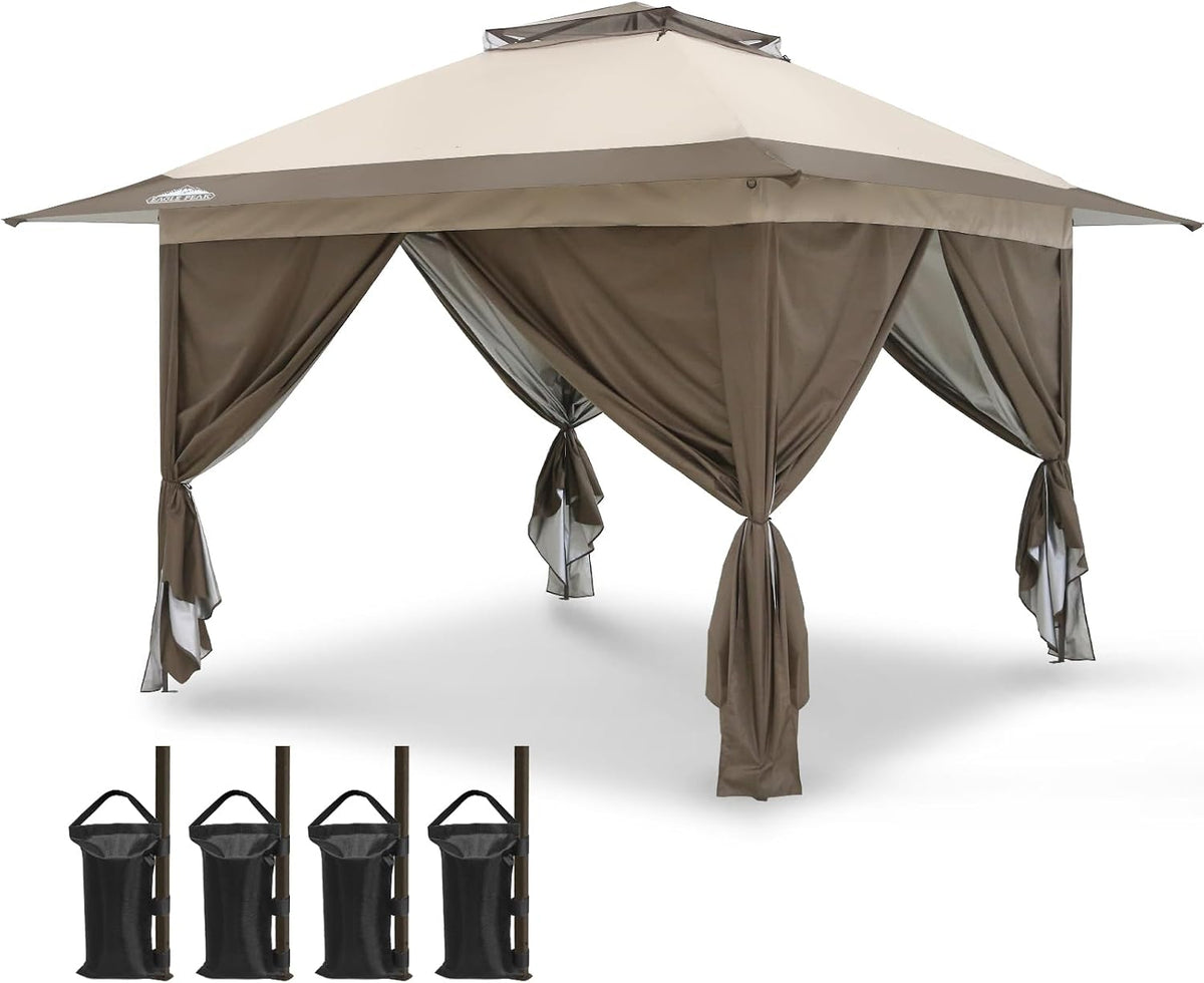 EAGLE PEAK 13x13 Pop Up Gazebo with 4 Wall Panels, Easy Up Canopy for Patio and Backyard, Easy Set up Outdoor Gazebo (Beige/Brown)