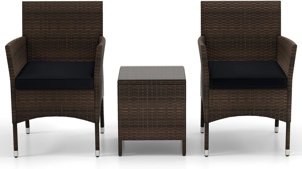 KOTEK 3 Piece Patio Furniture Set, Outdoor Wicker Patio Chairs with Soft Cushions & Tempered Glass Top Table, PE Rattan Bistro Set for Porch, Garden, Balcony (Black)
