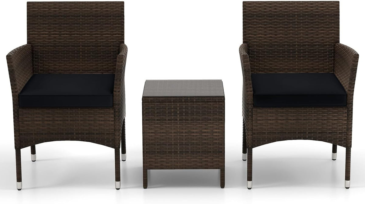 KOTEK 3 Piece Patio Furniture Set, Outdoor Wicker Patio Chairs with Soft Cushions & Tempered Glass Top Table, PE Rattan Bistro Set for Porch, Garden, Balcony (Black)