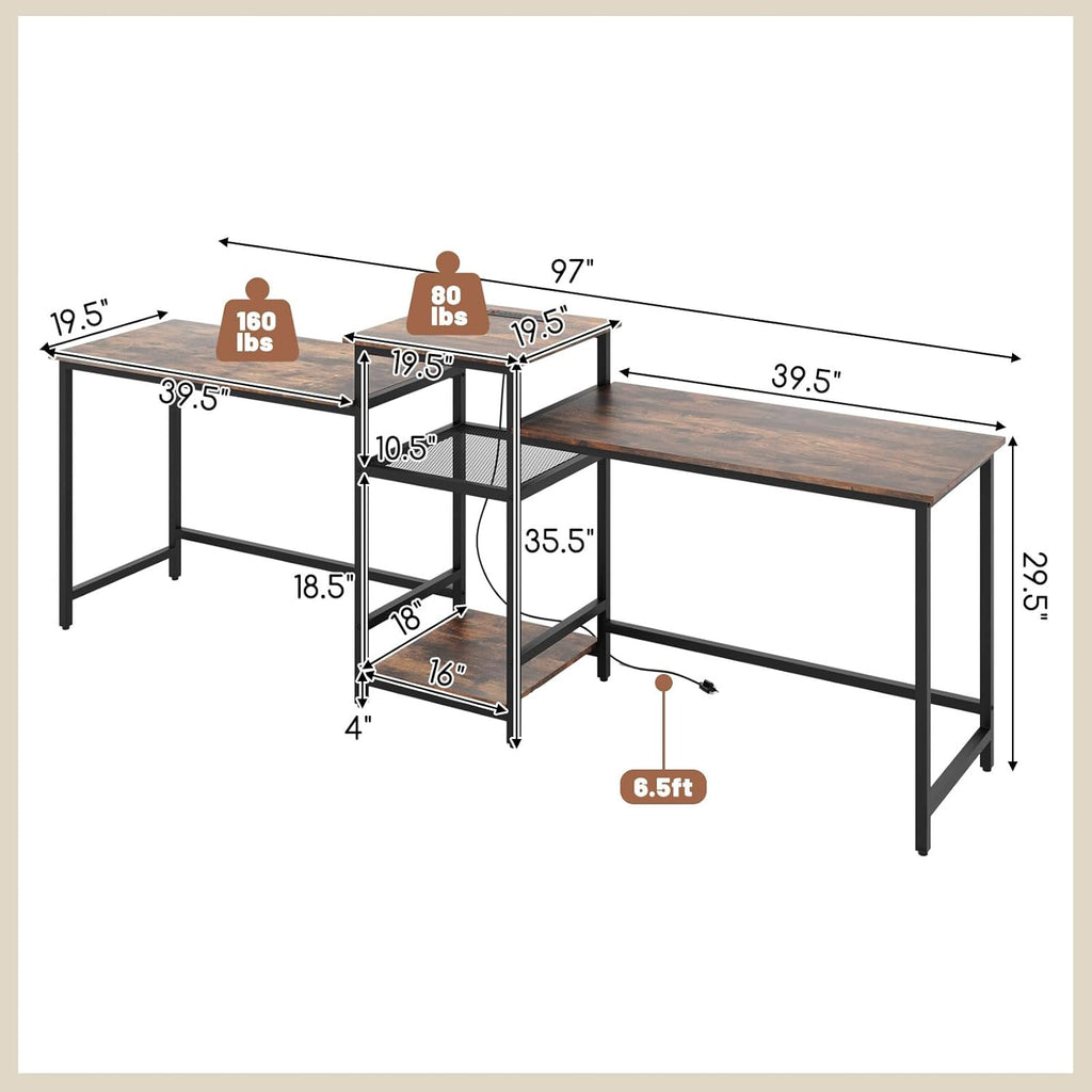 Tangkula 97' Extra Long 2-Person Computer Desk with Power Outlet, Home Office Computer Workstation with Printer Stand, Metal Mesh Shelf & CPU Stand, Double Gaming Table (Rustic Brown)