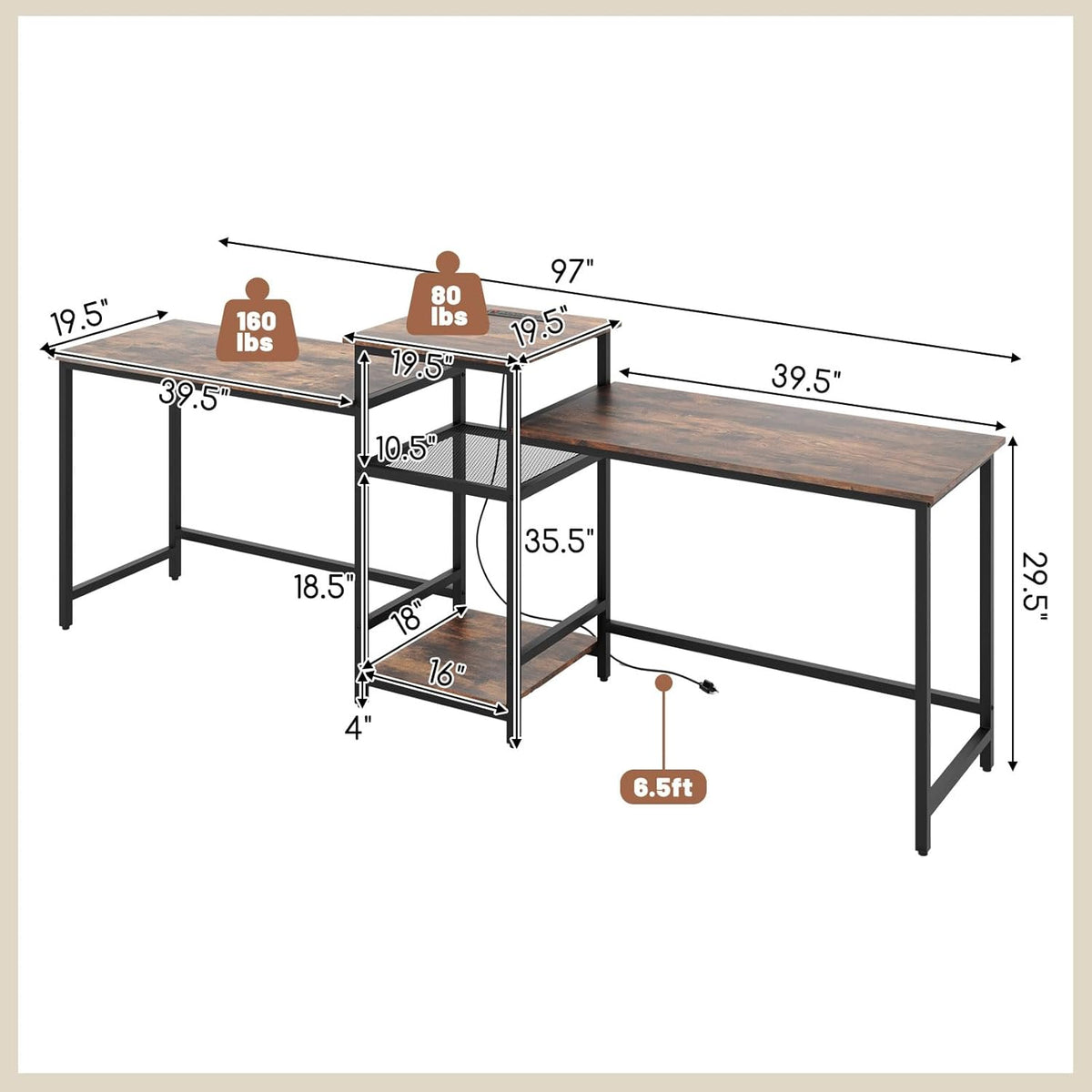 Tangkula 97' Extra Long 2-Person Computer Desk with Power Outlet, Home Office Computer Workstation with Printer Stand, Metal Mesh Shelf & CPU Stand, Double Gaming Table (Rustic Brown)