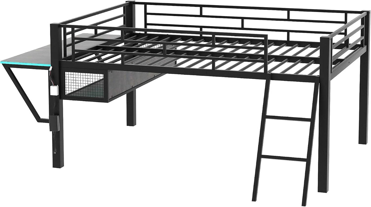 Bellemave Full Loft Bed with Desk, Gaming mid loft Bed with Desk, LED for Adults, Teens, Kids, Black