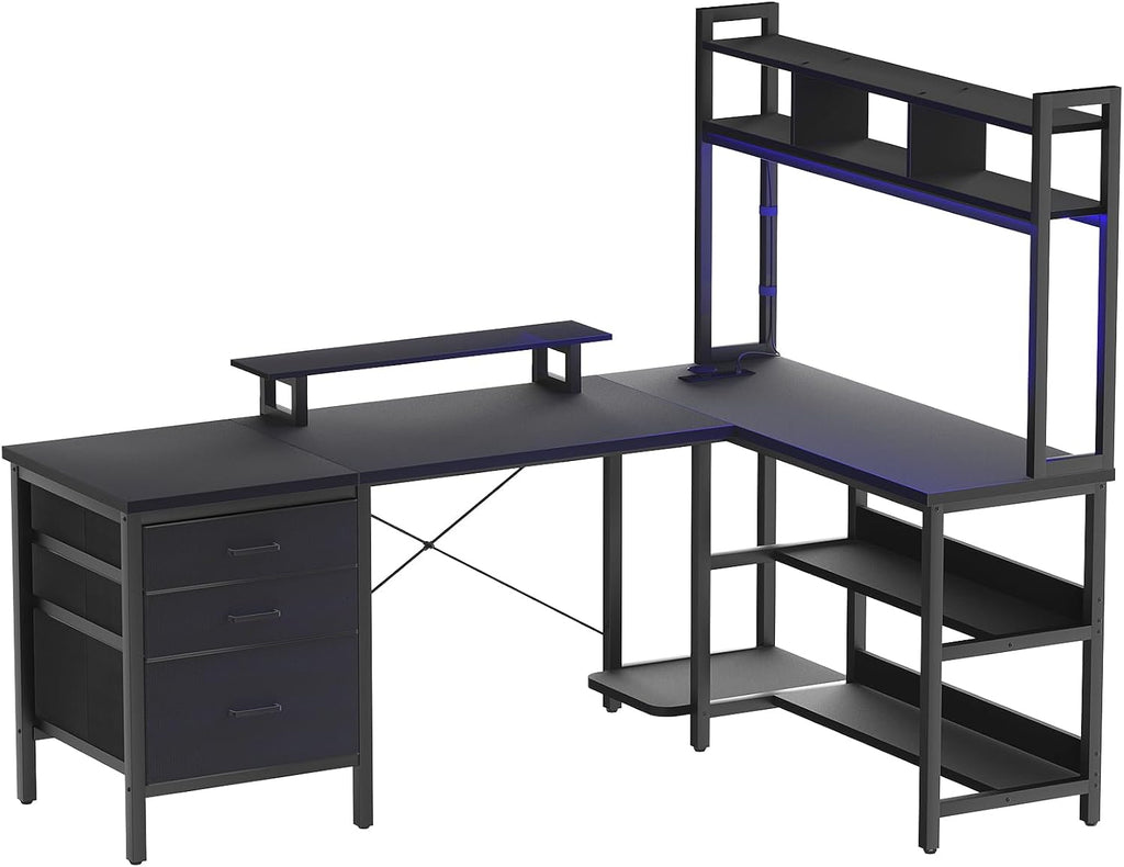Aheaplus L Shaped Desk with Hutch, Gaming Desk with Led Lights, Reversible Computer Desk with Power Outlet, Corner Desk with File Drawer & Monitor Stand, Storage Shelves for Home Office, Black