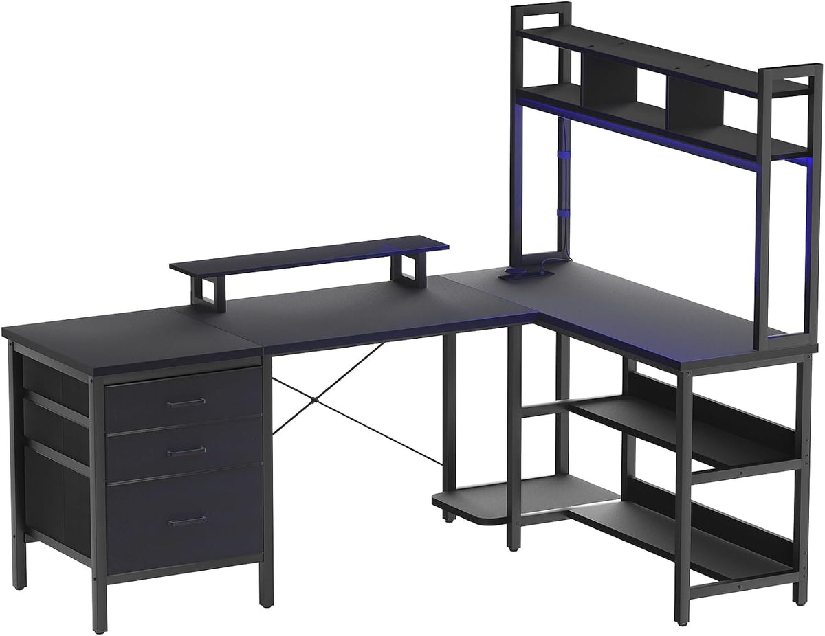 Aheaplus L Shaped Desk with Hutch, Gaming Desk with Led Lights, Reversible Computer Desk with Power Outlet, Corner Desk with File Drawer & Monitor Stand, Storage Shelves for Home Office, Black