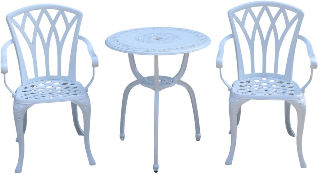 KAILI 3 Piece Bistro Table Set Cast Aluminum Outdoor Patio Furniture with Chair with armrests(White)