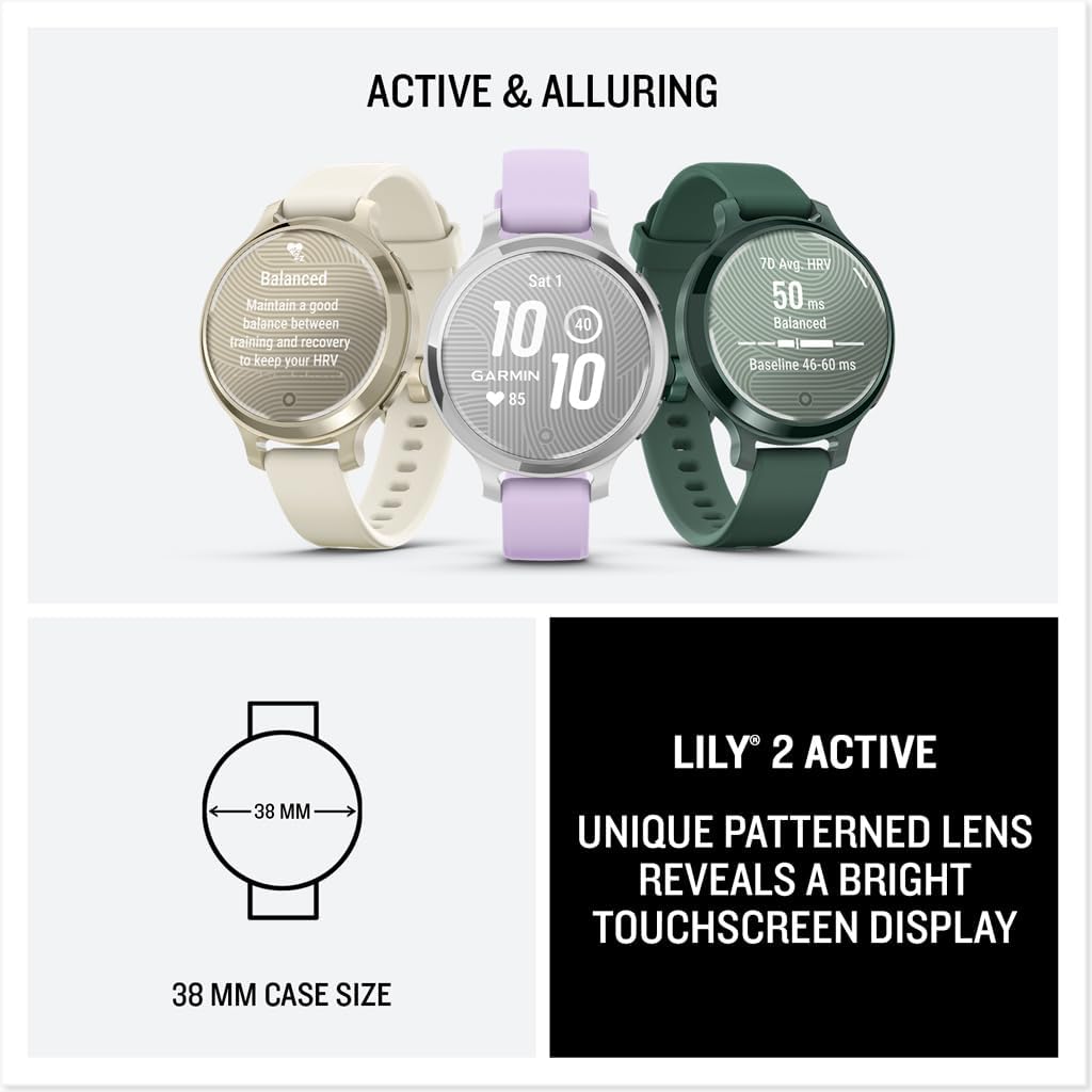 Garmin Lily® 2 Active, Small and Stylish Smartwatch, Built-in GPS, Hidden Display, Patterned Lens, Up to 9 Days Battery Life, Silver with Purple Jasmine Silicone Band