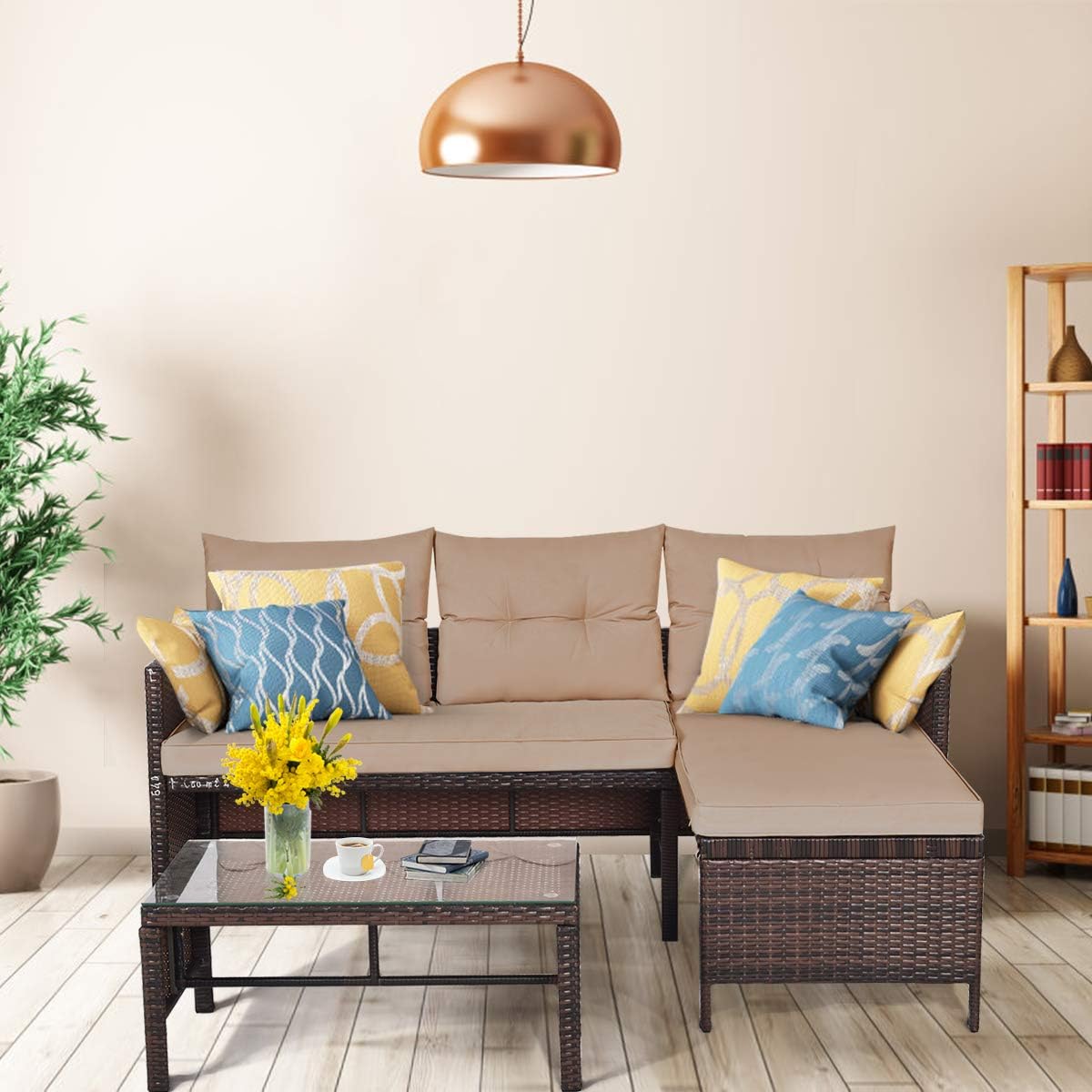 3 Pieces Rattan Sectional Sofa Set, Patio Wicker Rattan Conversation Set with Chaise Lounge, Love Seat & Coffee Table, Patio Furniture Set for Garden, Lawn, Poolside (Brown)