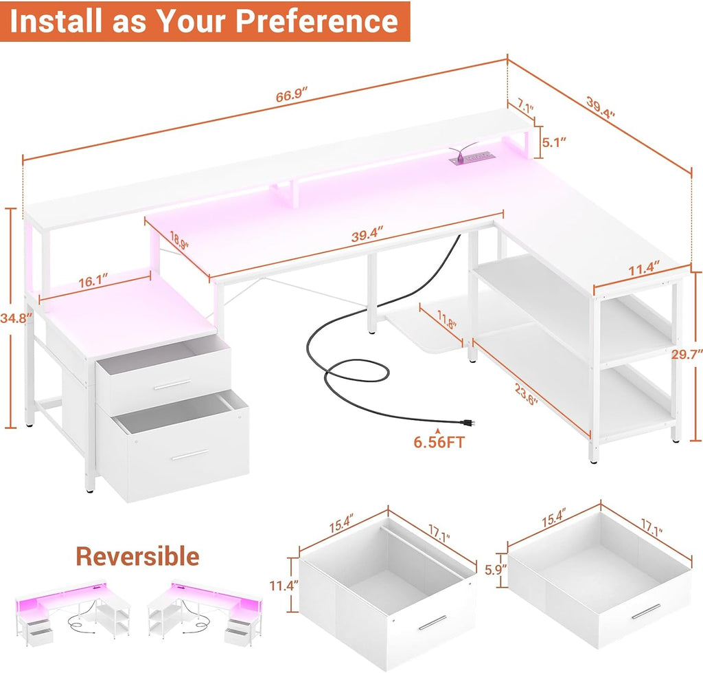 Aheaplus L Shaped Desk with File Drawer, 66' Reversible L Shaped Computer Desk with Power Outlet & LED Strip, Gaming Desk with Long Monitor Stand, Office Desk Corner Desk with Storage Shelf, White