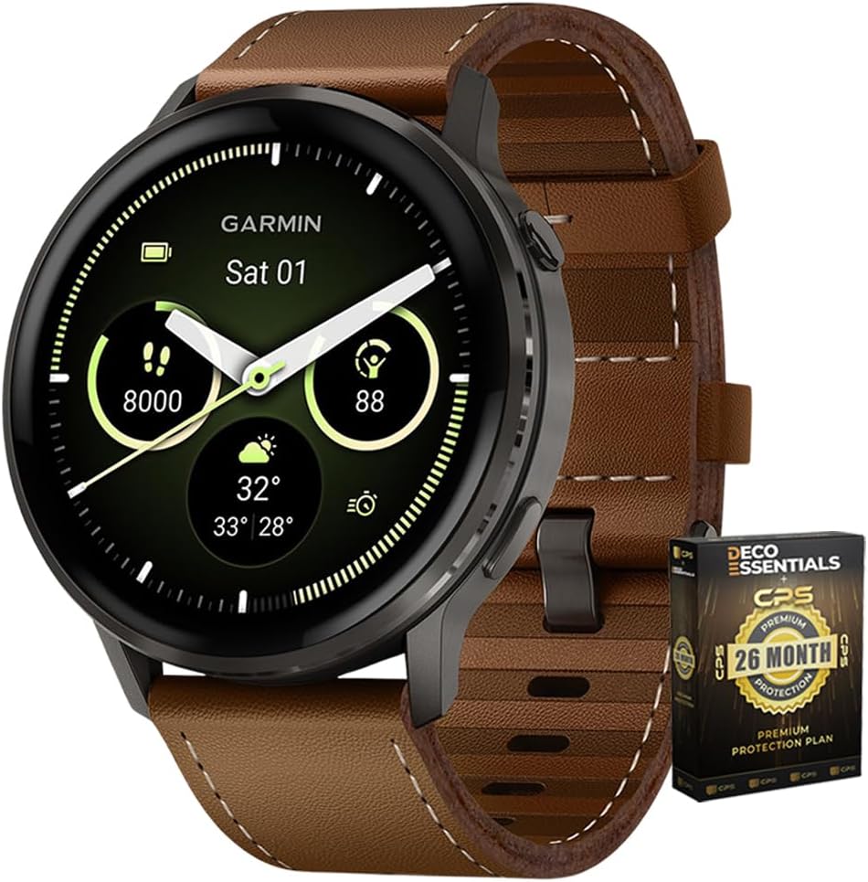 Garmin 010-03014-03 Venu 4, 45 mm Smartwatch, Slate with Black Band and Brown Leather Band Bundle with Deco Essentials Exclusive 26 Month CPS Enhanced Protection Pack