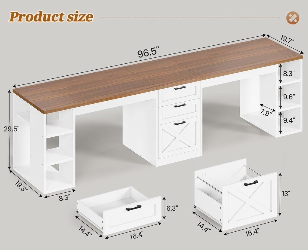 SEDETA Farmhouse 96.5' Computer Desk with Drawers, 2 Person Home Office Desk, Gaming Double Desk with Storage Shelves, Long Two Person Writing Desk (White and Brown)