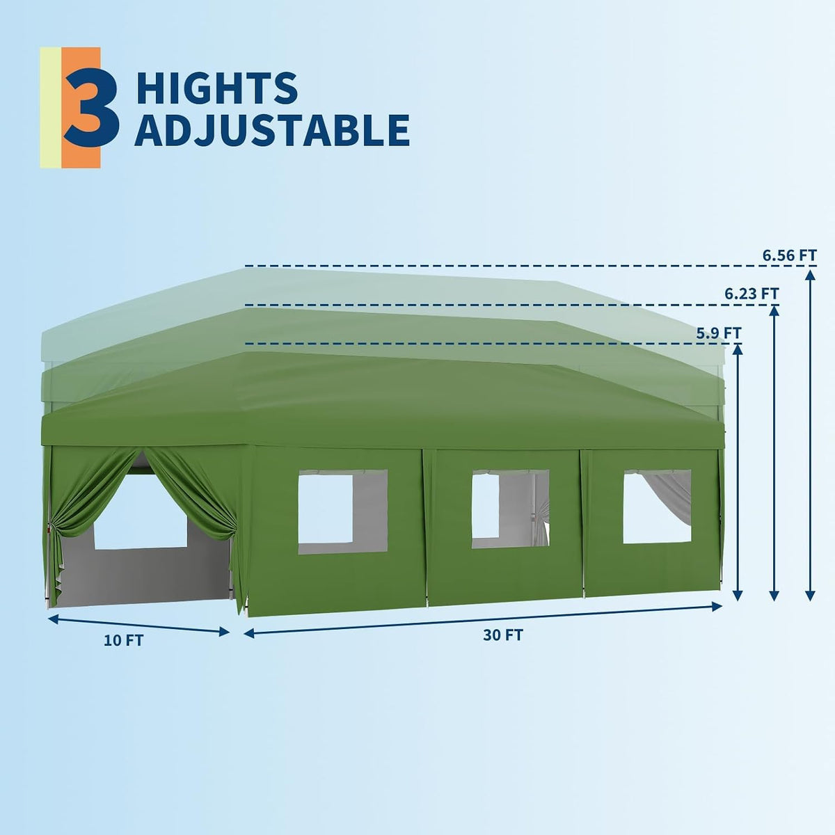 GarveeLife 10x30 Pop-Up Awning with 8 Sidewalls - Heavy Duty Outdoor Awning Tent with Portable Rolling Bag - 3 Adjustable Height, 8 Weight Bags, 8 Stakes and 6 Drawstrings, Green