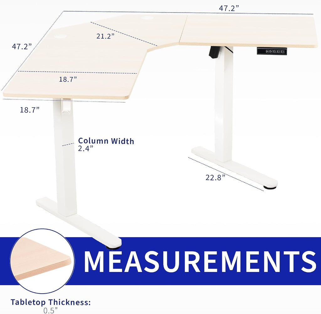 VIVO Electric Corner L-Shaped 47 x 47 in Standing Desk, Memory Height Adjustment, Light Wood Top White Frame, DESK-E1L94C