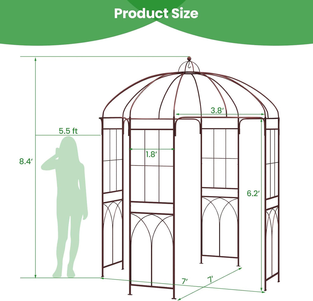 Moccha Birdcage Shape Garden Arch, 8.4' H x 7' W Pergola Pavilion Arch for Climbing Plants, French Style Gazebo with 16 Ground Stakes, Outdoor Metal Garden Arbor for Wedding Party Decoration, Bronze