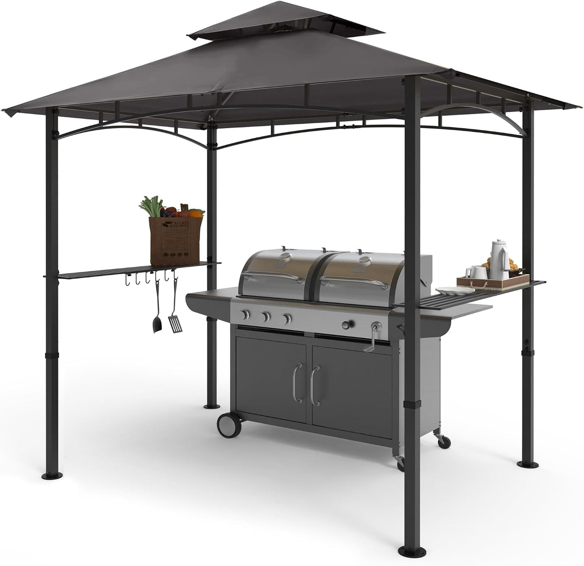 COOSHADE 8'x 5' Grill Gazebo Double Tiered Outdoor BBQ Gazebo Canopy with LED Light (Gray)