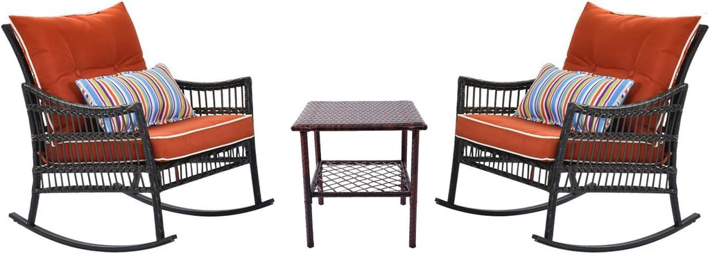 DECMICO Outdoor Rocking Chairs 3 Pieces Patio Conversation Front Porch Furniture, Wicker Rocking Chairs Bistro Set with Coffee Table and Cushions for Garden and Balcony, Orange