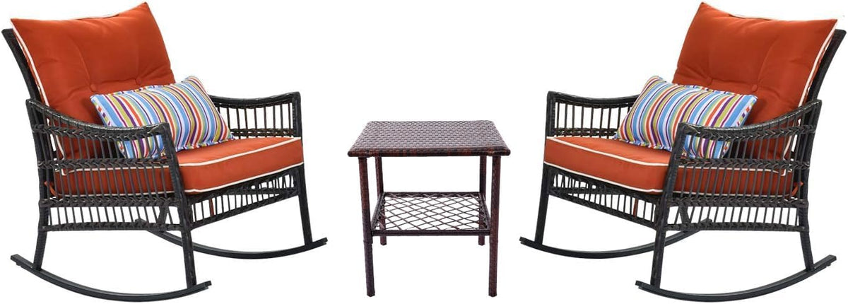 DECMICO Outdoor Rocking Chairs 3 Pieces Patio Conversation Front Porch Furniture, Wicker Rocking Chairs Bistro Set with Coffee Table and Cushions for Garden and Balcony, Orange