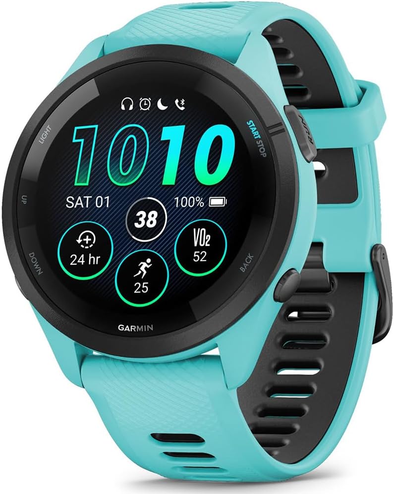 Garmin 010-02810-02 Forerunner 265 GPS Smartwatch Aqua/Black | Official USA Partner Model | Bundle with Deco Essentials Exclusive CPS 26 Month Protection Pack