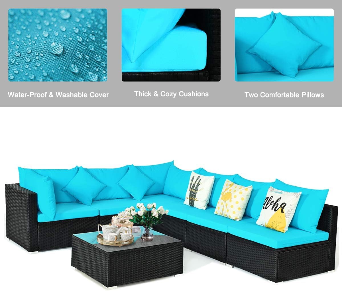 HAPPYGRILL 7 Pieces Patio Furniture Set Outdoor Rattan Wicker Sectional Sofa Set with Cushions & Pillows & Coffee Table for Garden Lawn