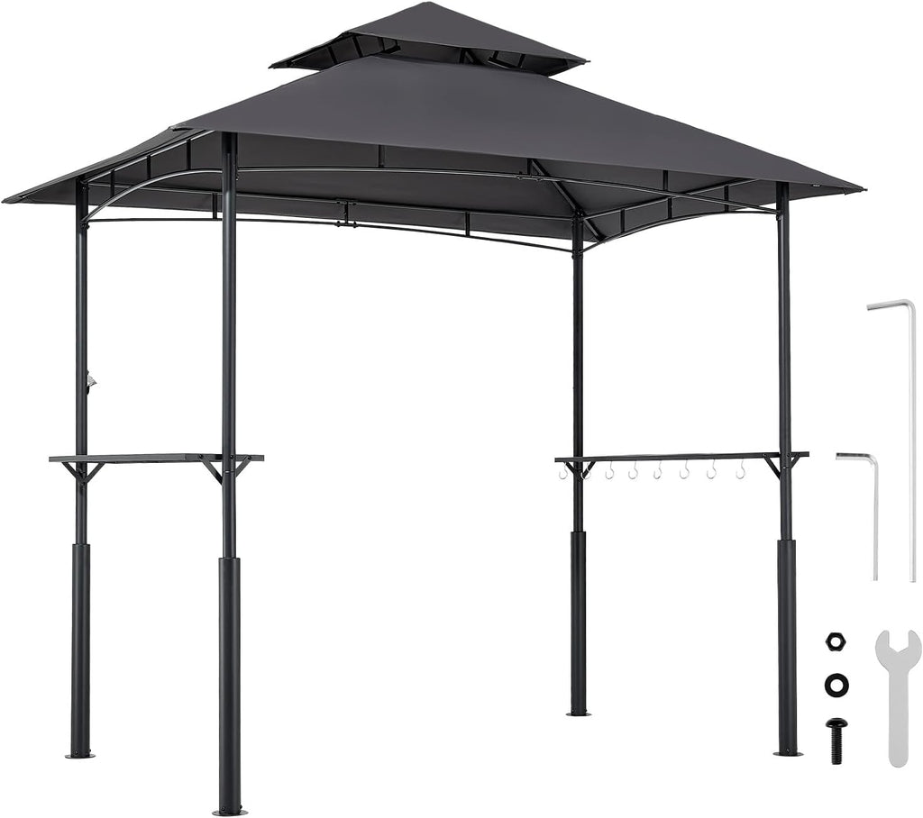 VEVOR Grill Gazebo, 8 x 5 ft Reinforced Outdoor BBQ Gazebo with Double-Tiered Roof, Powder-Coated Steel Patio Grill Shelter with 2 Side Shelves & 8 Hooks, Grilling Canopy for Patio Backyard Garden