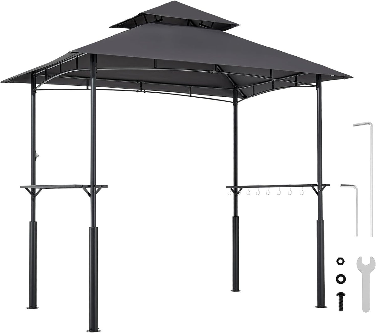 VEVOR Grill Gazebo, 8 x 5 ft Reinforced Outdoor BBQ Gazebo with Double-Tiered Roof, Powder-Coated Steel Patio Grill Shelter with 2 Side Shelves & 8 Hooks, Grilling Canopy for Patio Backyard Garden