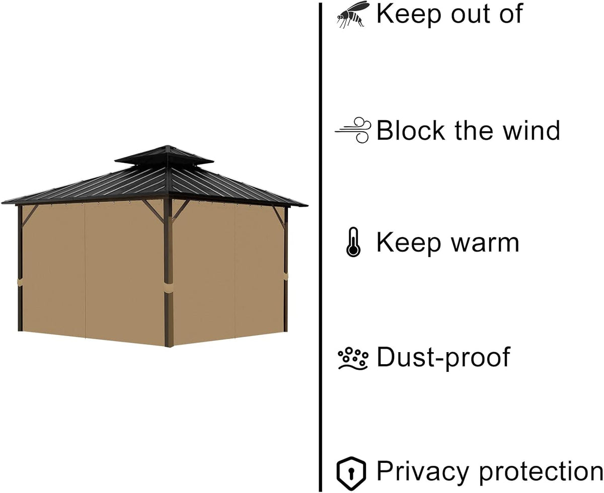 Gazebo Universal Replacement Privacy Curtain, 10'X10' Gazebo Curtain Outdoor Waterproof, 4-Panels Sidewall Curtains with Zipper for Patio, Garden and Backyard (Only Curtains, 10'x10', Brown)
