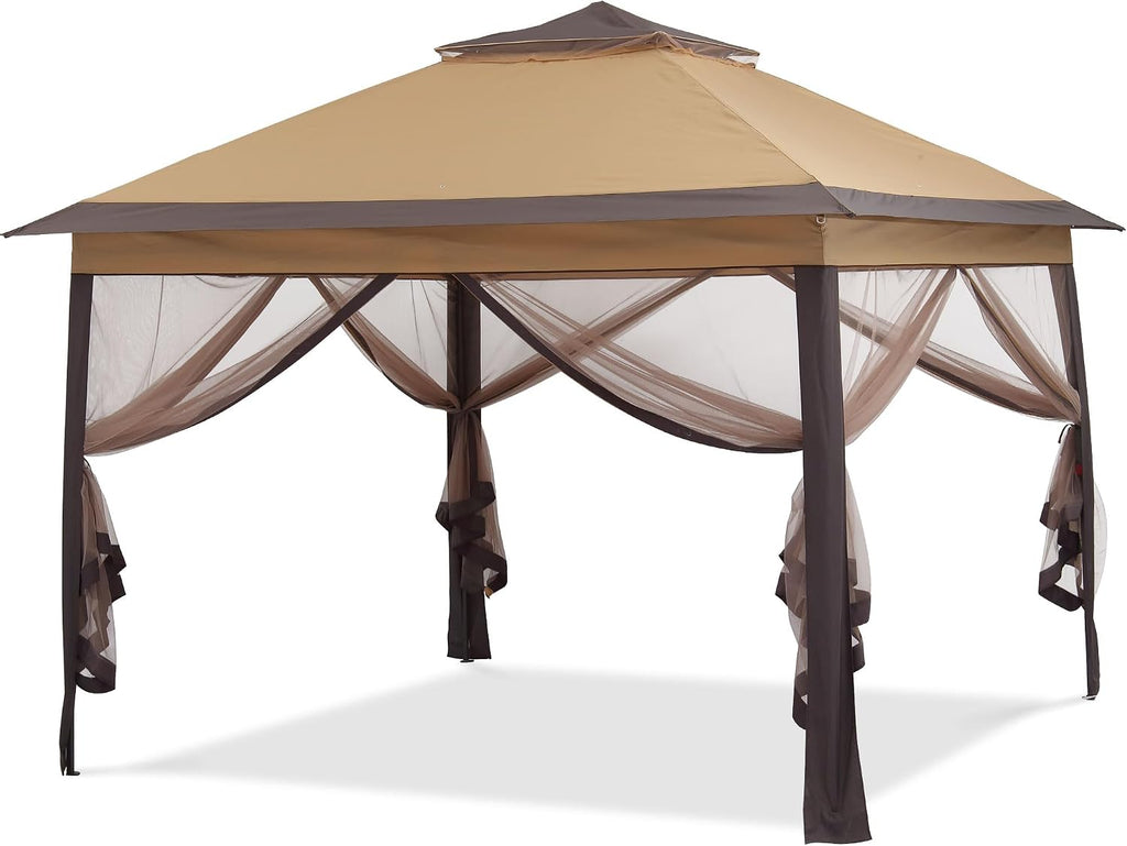 GDY 11x11 Pop Up Canopy Tent, Outdoor Canopy with Netting, Outdoor Gazebo for Backyard, Tent with Handbag, Brown.